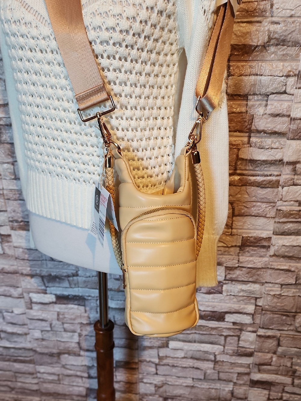 Live In Style Women’s Quilted Water Bottle  Crossbody Bag - Tan